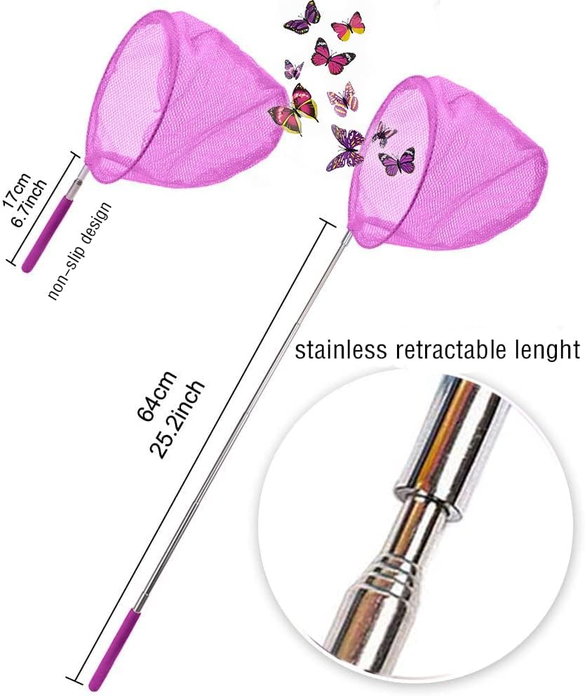 DEWEL 3 Pack Colored Telescopic Butterfly Nets for Kids Bug Insect Catching Net Extendable 34 Inches,Pop up Insect Mesh Cage,Butterfly Tweezers