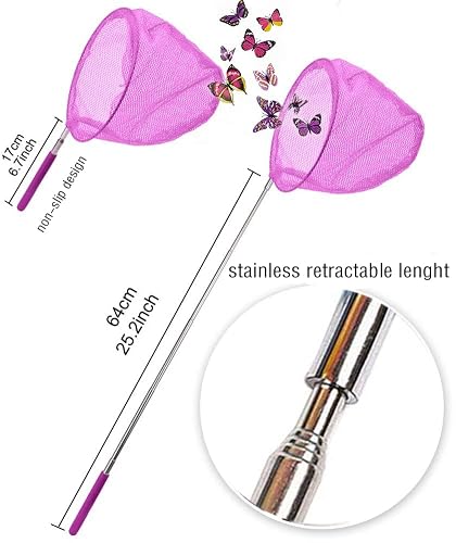 Dewel 3 Pack Colored Telescopic Butterfly Nets For Kids Bug Insect Catching Net Extendable 34 Inches,Pop Up Insect Mesh Cage,Butterfly Tweezers #TOP1