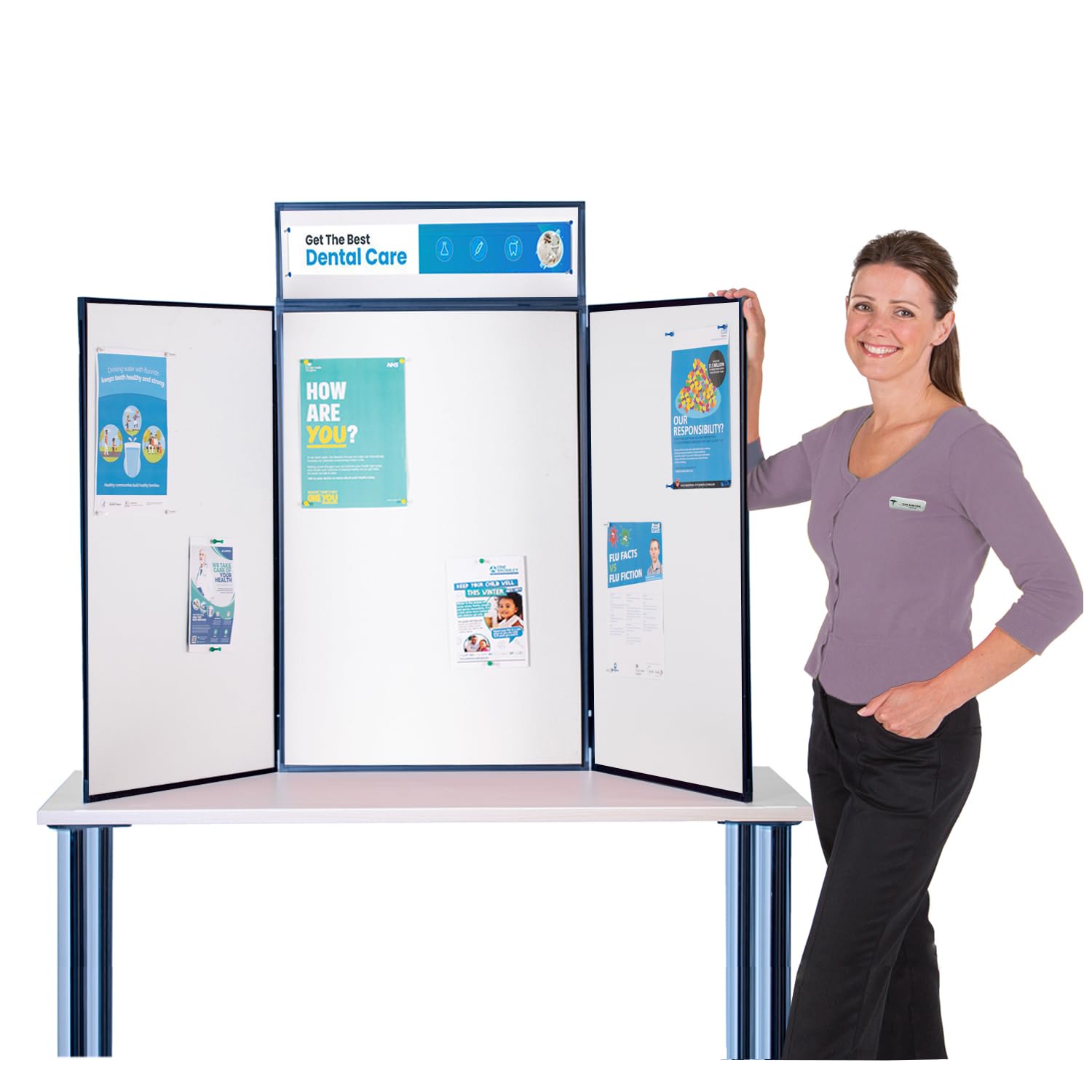 Wonderwall Tabletop 3 Panel Display Exhibition Portrait Kit, White Pinboard, Lightweight Black PVC Frame, Clip On Headr & Carry Bag for Healthcare, Venues, Info & Community Hubs