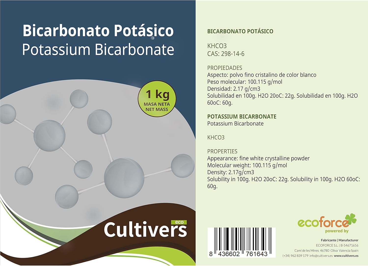 CULTIVERS Bicarbonato de Potasio 2x1 kg Polvo Soluble Jardinería Agricultura
