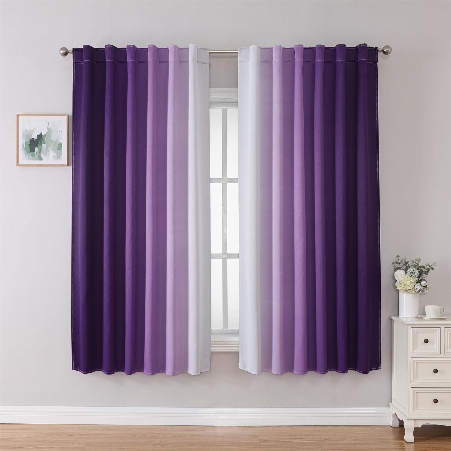 MIUCO Blackout Curtains &amp; Drapes for Bedroom Living Room 63 Inch Length Purple and White Room Darkening Ombre Curtains Rod Pocket &amp; Back Tab Curtains Thermal Insulated Light Blocking 2 Panels Set
