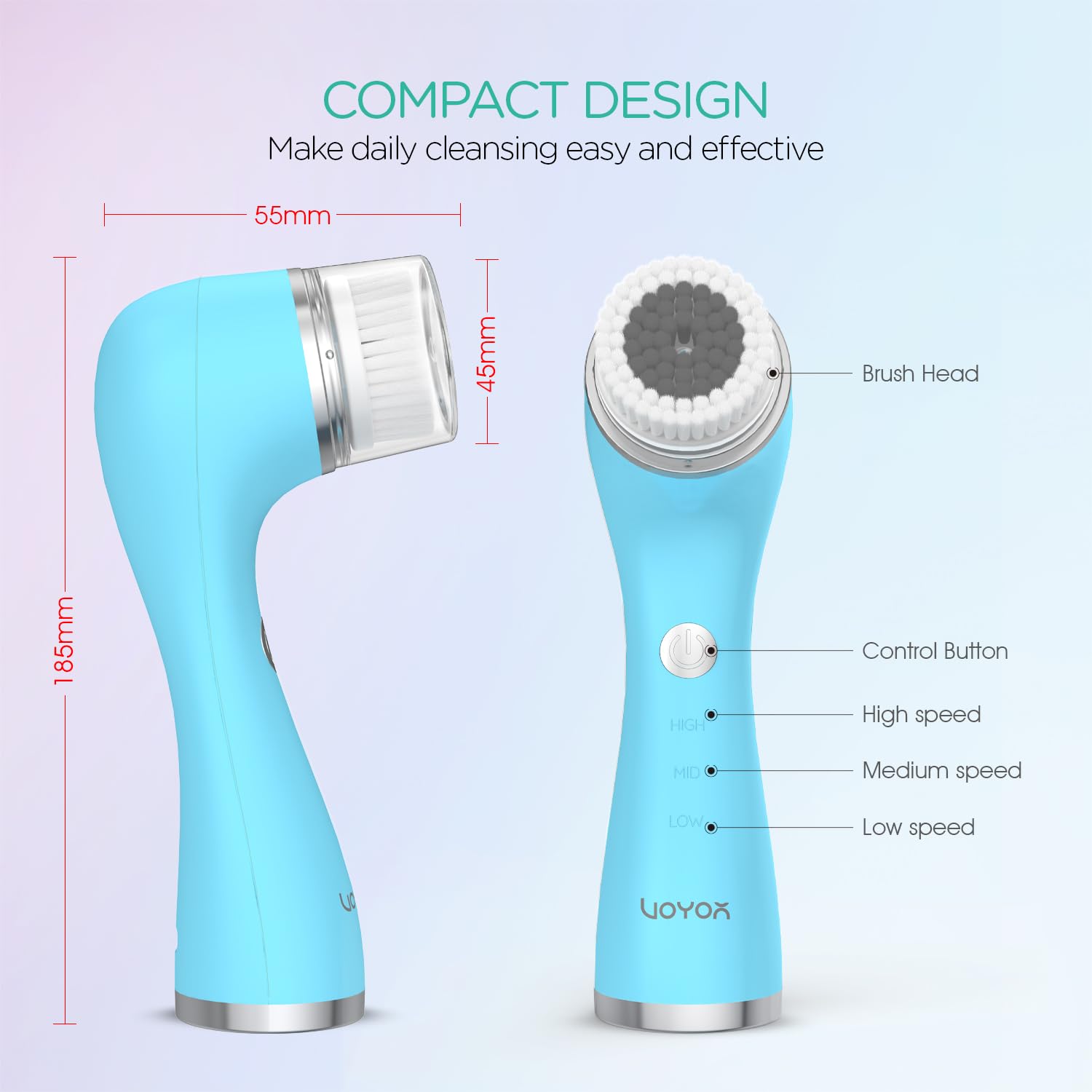 VOYOR Facial Cleansing Brush Rechargeable, Spin Face Brush Waterproof 5-in-1 Body Brush Set for Deep Skin Cleansing, Gentle Exfoliating and Massaging FB500 (Blue)