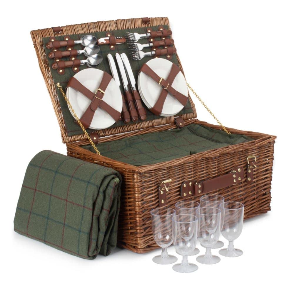 Rackhams Green 6 Person Tweed Classic Picnic Basket - 6 Person