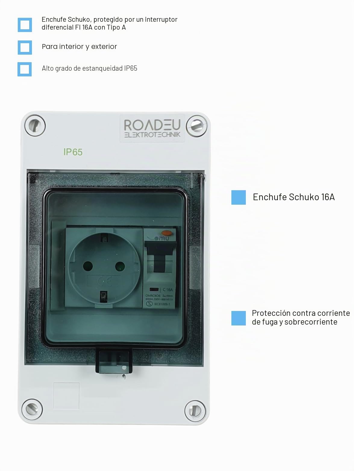 RoadEu | Cuadro Eléctrico de Distribución IP65 con Interruptor Diferencial y Disyuntor 16A | Caja de Pared Precableada con 1x Toma Schuko 230V | Resistente a Agua y Polvo (IK08)