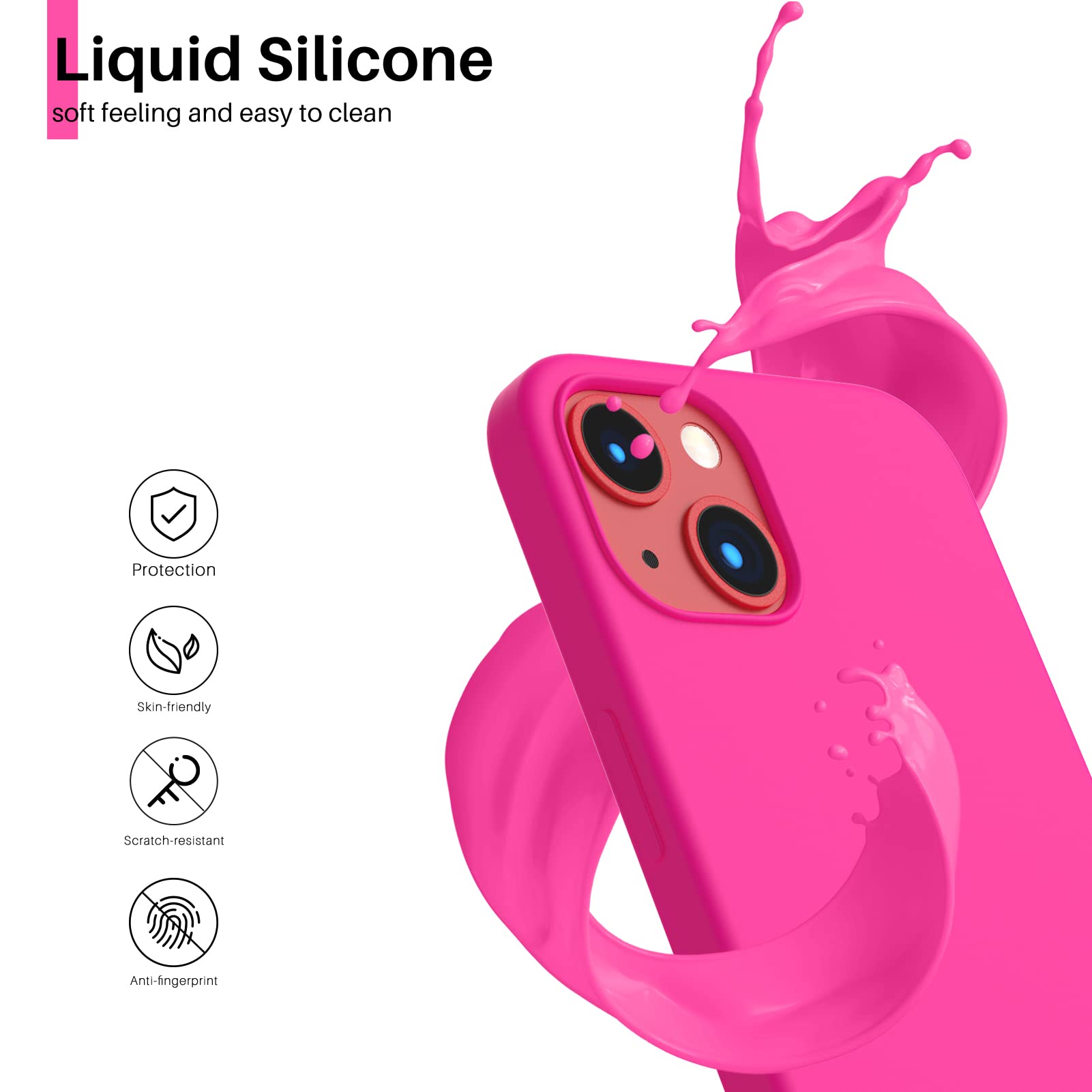 ORNARTO Custodia Compatibile con iPhone 13 Cover 6,1”, Protezione Completa Cover Sottile in Silicone Liquido in Gomma Gel Morbida con Fodera in Microfibra 6,1 pollici-Rosa caldo