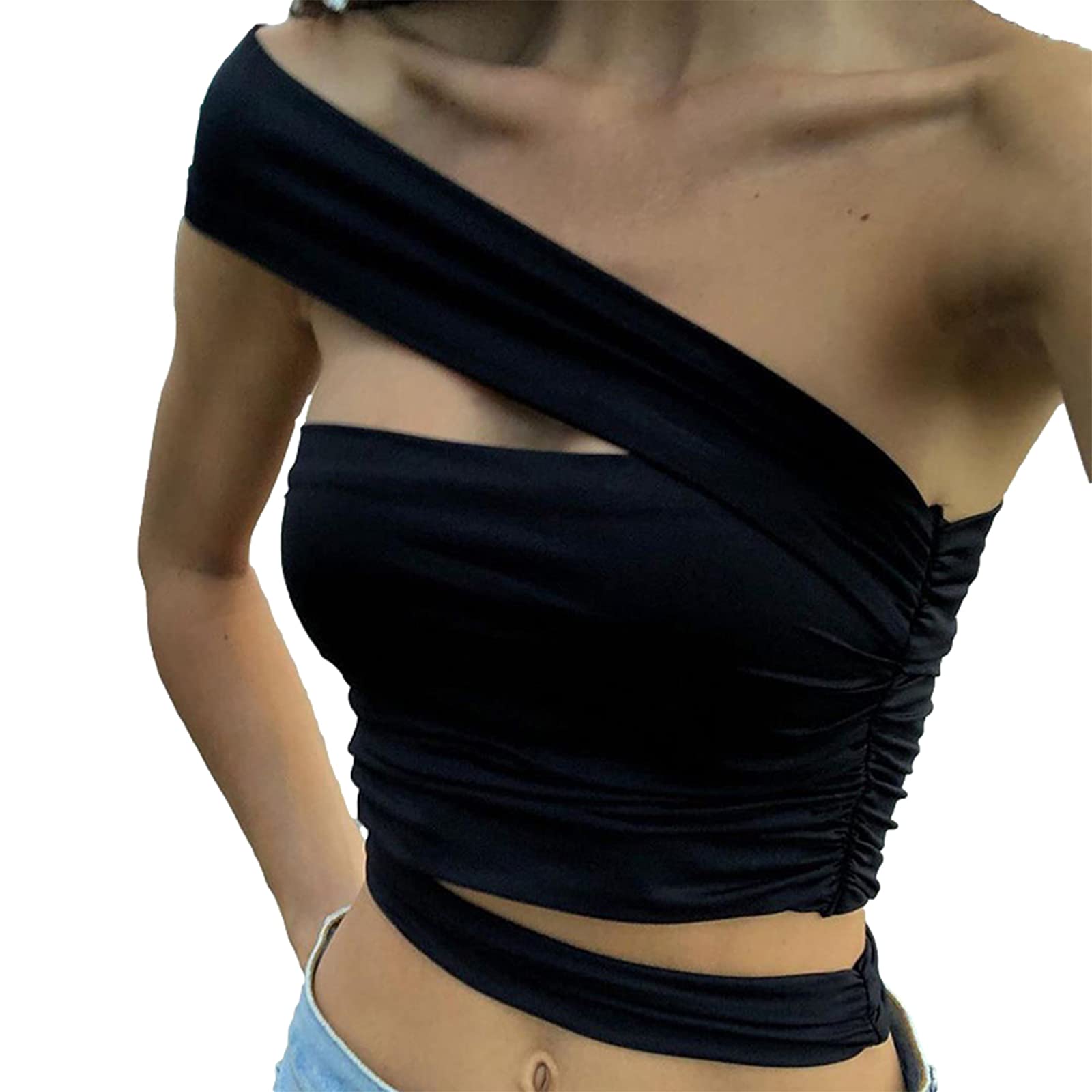 Women's Sexy Cutout Backless Crop Tube Top Bra - One Shoulder Tees Basic Crop Tank Tops