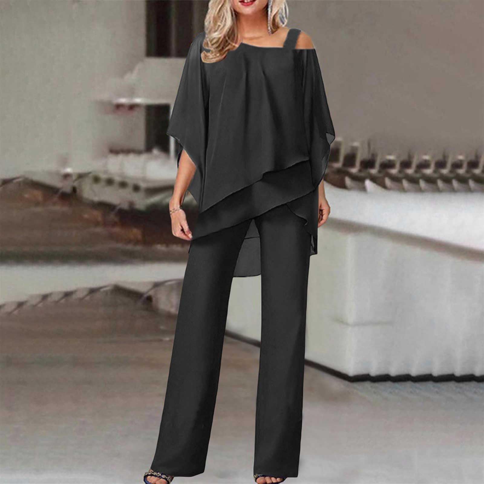 Damskie szyfonowe spodnie garnitury 2-częściowy zestaw zimnych ramion top i spodnie elegancki strój dla gości weselnych plus size matka panny młodej strój formalny