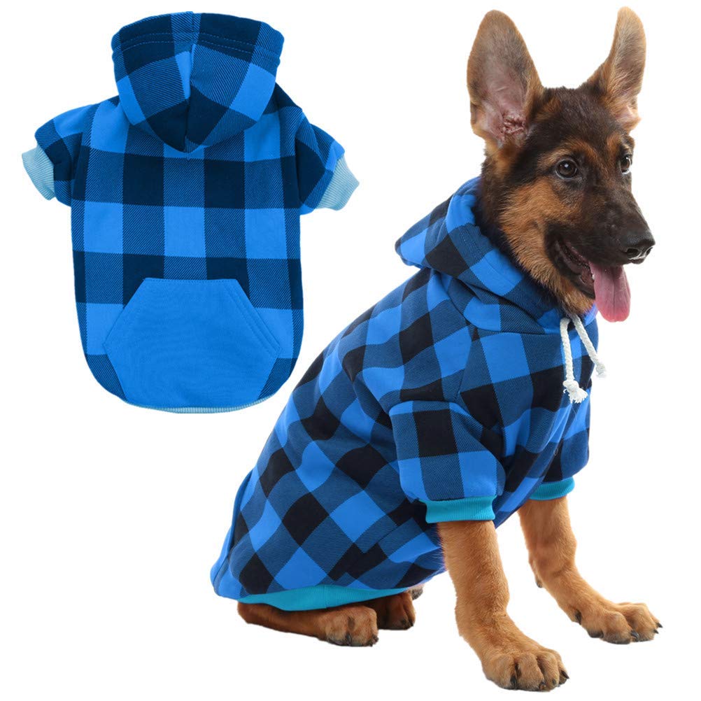 KOOLTAIL Plaid Dog Jumper with Hat and Pocket, Fleece Dog Sweatshirt, Warm Winter Cold Weather Coat Blue L Xl