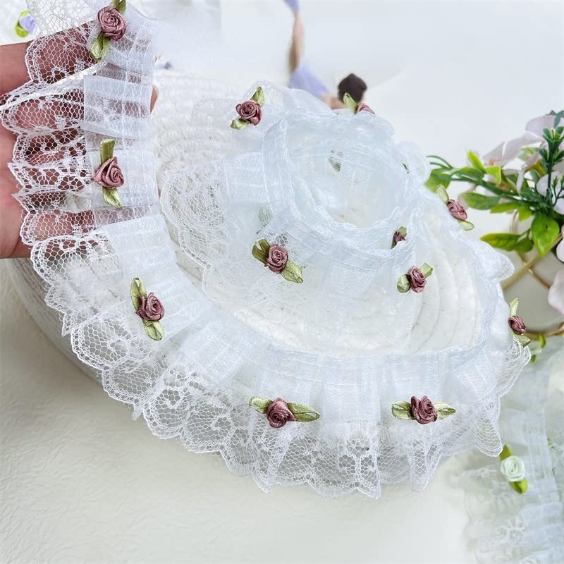 Aplikacje z haftowanej koronki Tkanina koronkowa - 1 jard 3D Rose Flower Tulle elastyczna plisowana tkanina koronkowa aplikacja na ubranka dla lalek(Pink Lace)