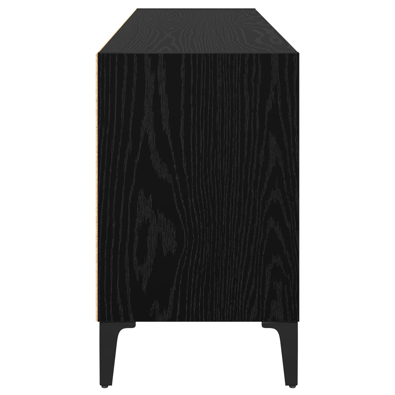 Black Oak TV Stand with Storage | Modern entertainment center features open shelves for media players and gaming consoles in the living room.