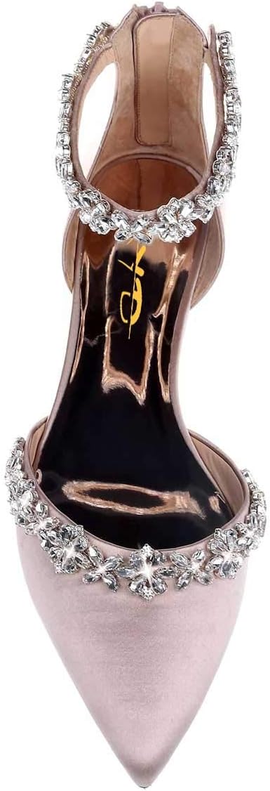 XYD Women Classic Pointed Toe D'Orsay Wedding Flat Sandals Sparkly Rhinestones Ankle Strap Low Heel Dress Shoes with Zipper - Image 2