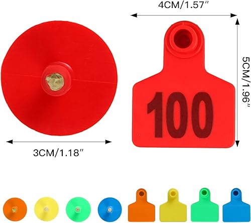 Miniatura 2 de 100 etiquetas de plástico con números 001-100, etiquetas de identificación de animales de granja en amarillo, verde, azul, naranja, ganado, ovejas,