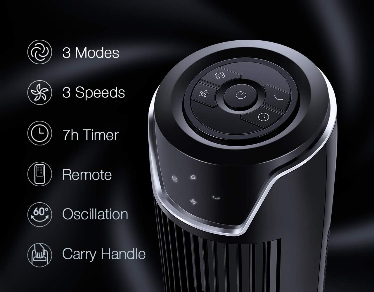 Aikoper Tower Fan, Oscillating Fan with Quiet Cooling 3 Wing Mode, 3 Speed and Remote Control, up to 7h Timer, LED Display, Low Noise Whole Room Floor Fan, 36-Inch, Black