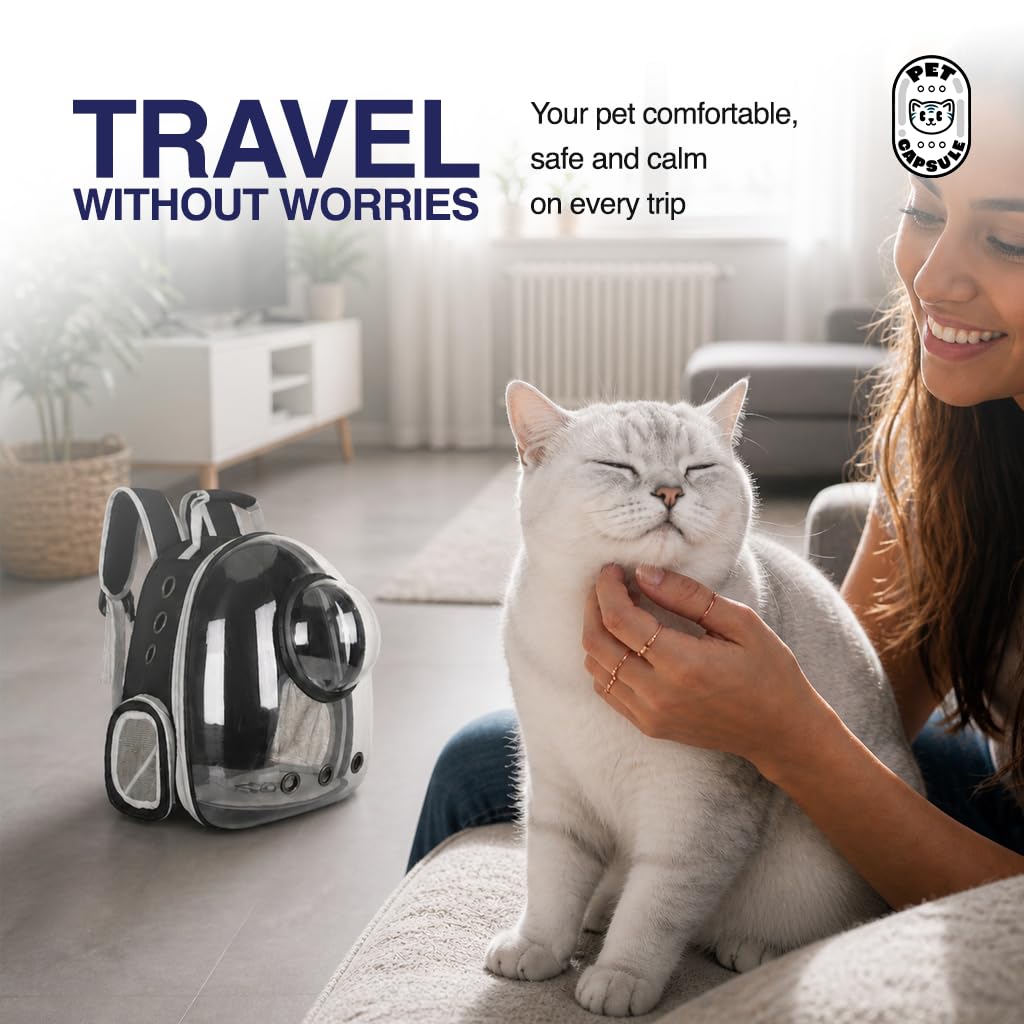 Mochila Transportín Gato y Perro Pequeño hasta 6 kg – Transportín Gatos Cápsula con Ventana Transparente y Cúpula Perforada – Mochila para Gatos Medidas Cabina Avión, Ventilación