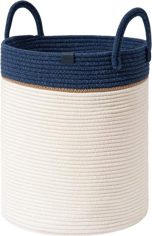 Image of Storage Cotton Rope Basket and Laundry Hamper for Dirty Clothes, Towels, Blankets, Pillows Storage in Living Room, Laundry Room and Bedroom (Blue White, 14x18 Inch)