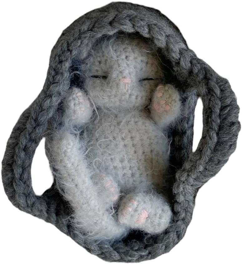 Fluffy Sleeping Kitten Grey toy. Realistic Newborn Cat in the grey basket | crib. Crochet Handmade Gift for Toddlers.