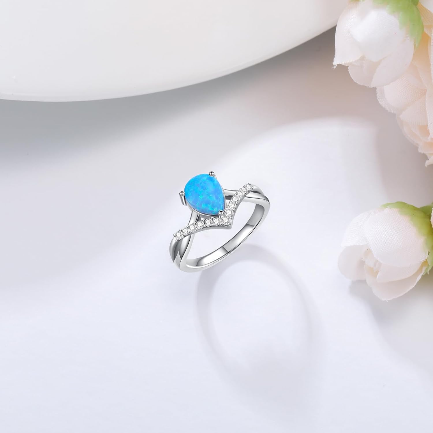 925 Silver Blue Pear-Cut Opal Ring with Moissanite-Staggered Arm Design Ring Statement-rings Opal Jewelry Gifts for Women Her - Image 4