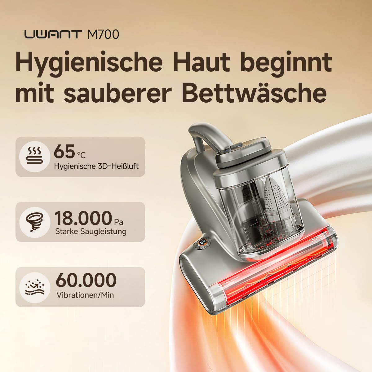 uwant M700 Milbensauger 18000Pa/60000BPM, Heißluft 65°C & UVC-Licht, Dual-Staubbehälter, Anti-Verheddern-Funktion, LED-MiteTrack Display, für Matratzen/Sofas/Kissen/Teppiche