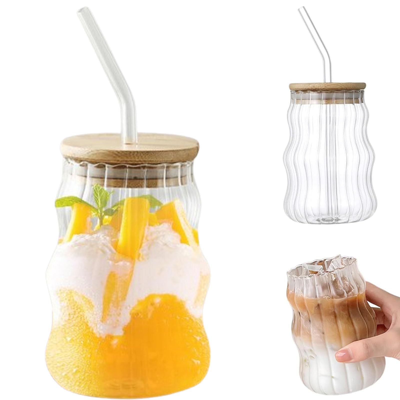 Xusxes 2 Stück 550 ml Eiskaffee Gläser mit Deckel, Glas mit Deckel und Strohhalm, Trinkbecher Bubble Tea Becher, Trinkglas mit Glasstrohhalmen und Holzdeckel, für Latte, Bier, Milch, Eiskaffee Küche, Haushalt