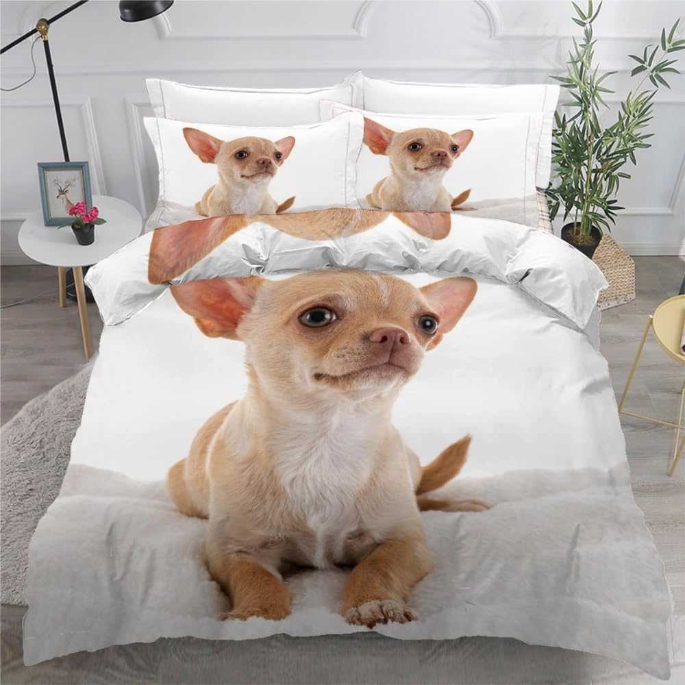 Komplet pościeli ze szczeniakiem, 220 x 240 cm, Chihuahua, poszewka na kołdrę z zamkiem błyskawicznym i 2 poszewki na poduszkę 80 x 80 cm, 3-częściowy zestaw pościeli z miękkiej mikrofibry, na łóżko