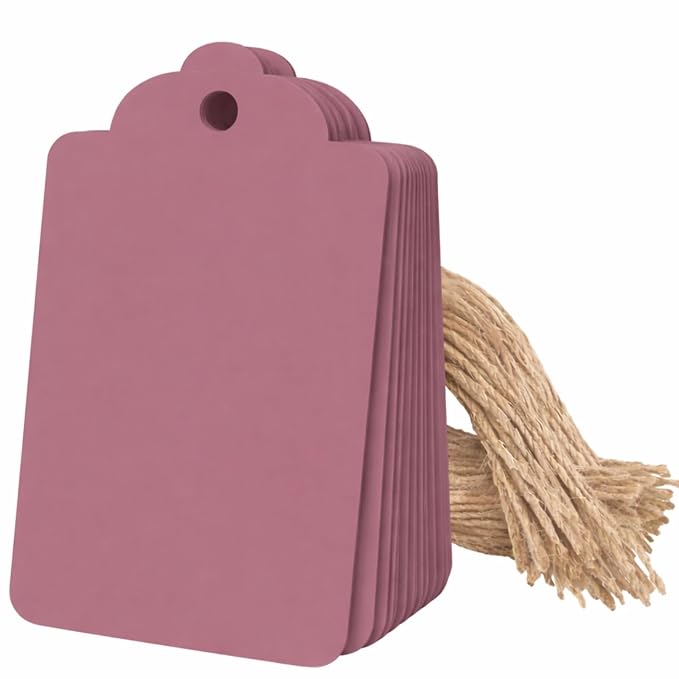 CVANU 50pcs Premium Color Tag Blank Hanging with Pre-Punched Hole Tags for DIY Crafts, Gift Wrapping, Labelling & Writable Decorative Tags for All Occasions (2.85in X 1.7in) Brownish Pink