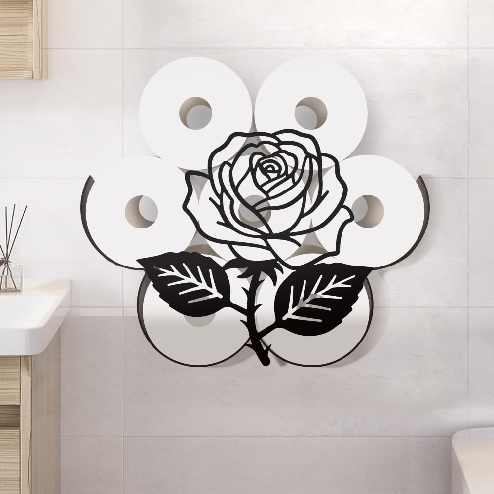 WADORN Roses Metal Toilet Paper Holder, Black Roses Flower Decorative Metal Toilet Paper Storage for Extra 8 Rolls Funny Freestanding Decor Wall Mounted Organizer for Restroom Bathroom Cabinet