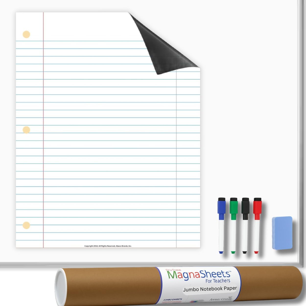 MAGNASHEETS Jumbo Magnetic Dry Erase Notebook Paper for Classrooms 22x28 Whiteboards | Premium PET Vinyl - No Staining or Ghosting! | Includes Storage Tube, Markers, Eraser, Must Have!