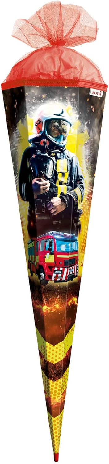 ROTH Large School Cone Fireman 85 cm - Square Red Lace Tulle Closure - Fireman First Day of School Sweets Cone