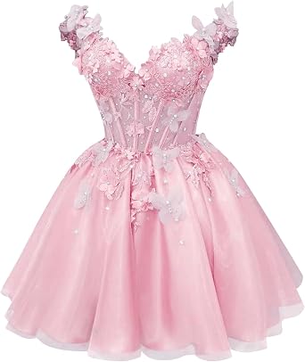 Fanciest 3D Butterfly Off Shoulder Homecoming Dresses V-Neck Beaded Short Prom Dress Tulle DAMA Dress for Quinceanera
