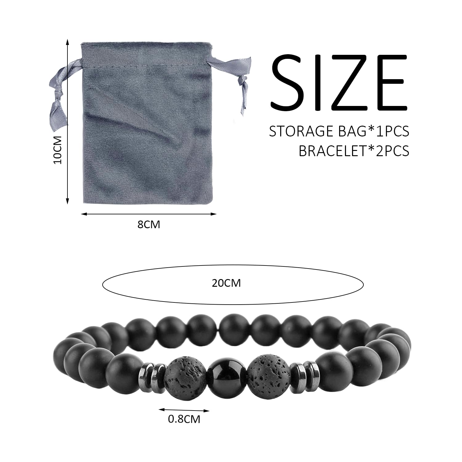 2 sztuki czarnych bransoletek z pereł, 1 torba do przechowywania, biżuteria męska, bransoletki z agatu lawowego 8 mm