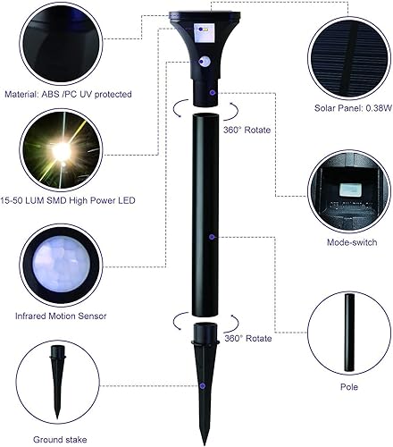 Miniatura 7 de Luces solares para exteriores con sensor de movimiento, luces LED impermeables para camino, patio, jardín, pasarela, entrada, encendido y apagado