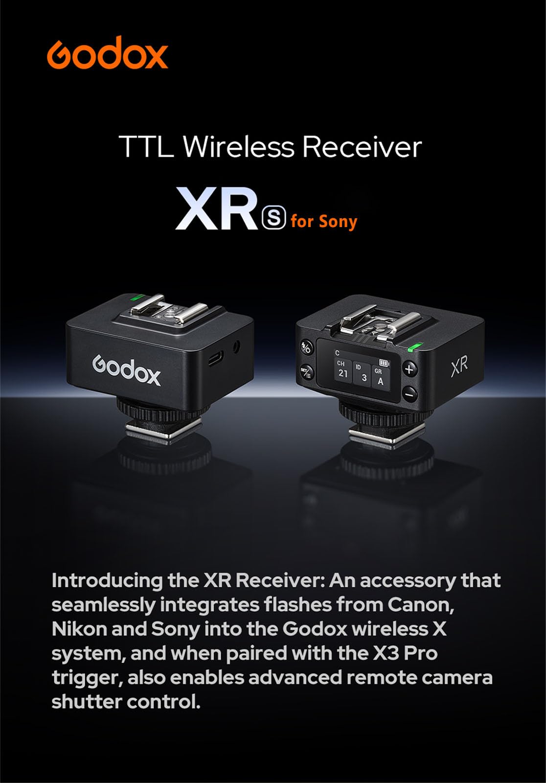 Godox XR-S Ricevitore Wireless TTL per Sony, Sistema X 2.4GHz, Batteria al Litio Integrata, Display LCD Migliorato, Controllo Wireless dell’Otturatore, Cavi Sync e USB-C Inclusi