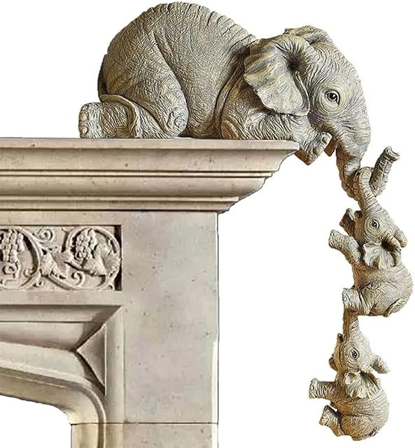 LSLANSOON 3 Set Elephant Shelf Sitter, Mother Elephant Hanging 2 Baby Elephants on The Edge, Hand-Painted Resin Collectable Figurines for Home Decor Gift