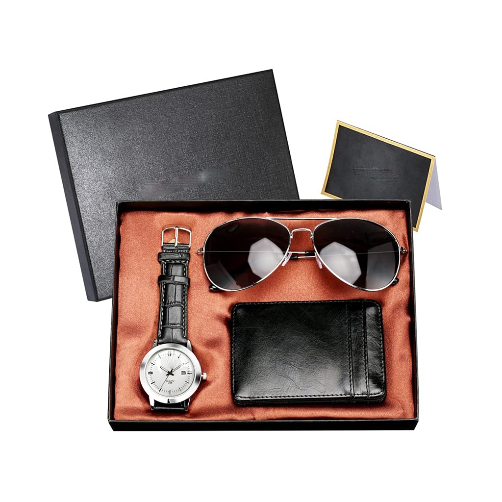 HMTE Set di Orologi da Uomo Set di Carte da Polso in Pelle al Quarzo Set di Occhiali da Sole Set Regalo di Compleanno da Uomo (Color : White) (White)