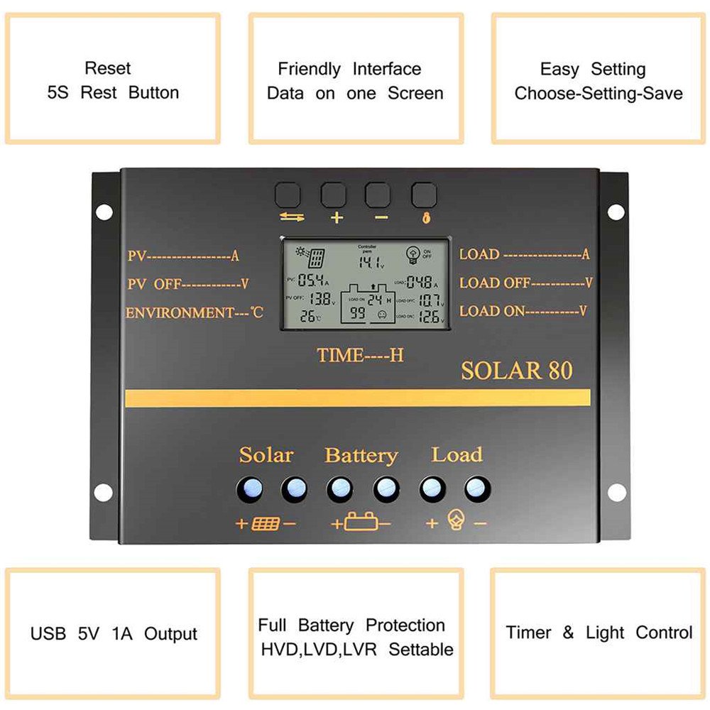 Regulador de carga solar, 80 A, panel solar, regulador de carga de batería, generación de energía fotovoltaica, pantalla LCD de 12 V/24 V