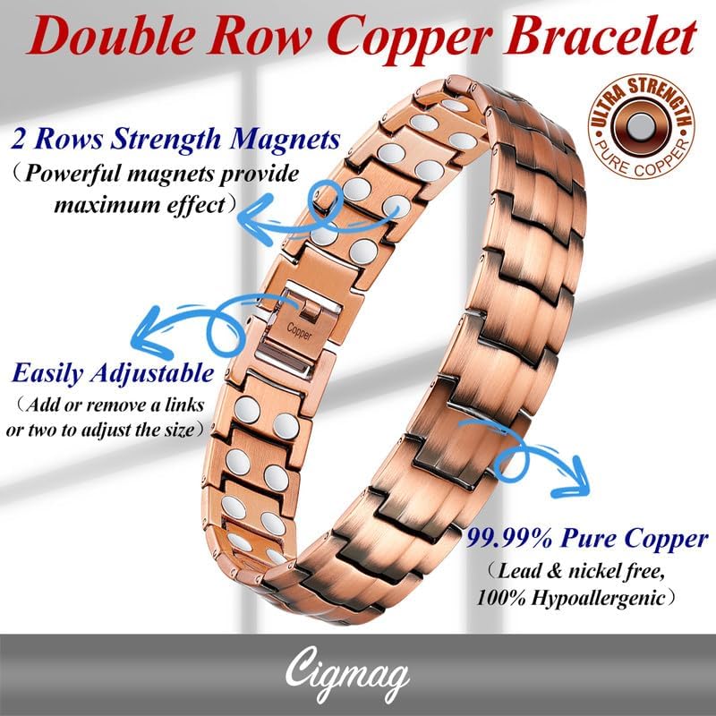 Copper Bracelet for Men Double Row Ultra Strength Magnets 99.99% Pure Copper Magnetic Bracelet & Ring with Adjustable Sizing Tool - Image 2