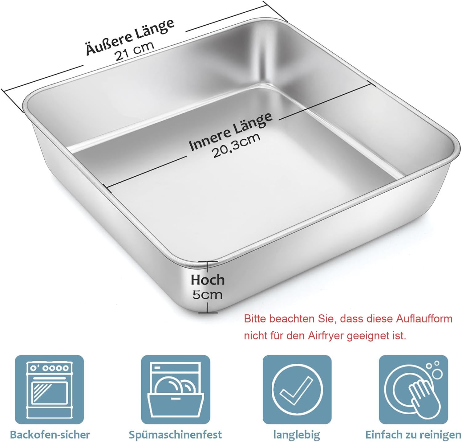 Homikit Moule à gâteaux carré, Moule à carré en acier inoxydable, 21 x 21 x 5 cm, Parfait pour les gâteaux/la cuisson, Sain & Non toxique, Passe au lave-vaisselle, Ne convient pas à l'Airfryer