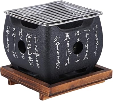 Single Person Tabletop Seven Wheel Solid Grill Pan for Outdoor/Home Use, Aluminum Charcoal Grill with Wire Mesh, Wooden Base, Hibachi Style, Yakiniku Grill, Portable Design, Camping