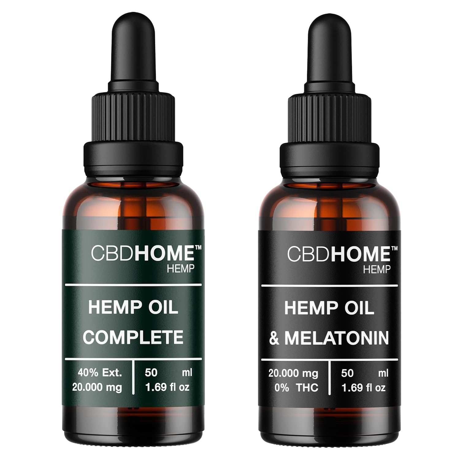 Pack Ahorro Día y Noche al 40% - Aceite de Cáñamo Max 40% (50 ml) + Aceite de Cáñamo con Melatonina 40% (50 ml) - Prensado en Frío - Sin Aditivos - 100% Vegetal - Certificado Ecológico UE