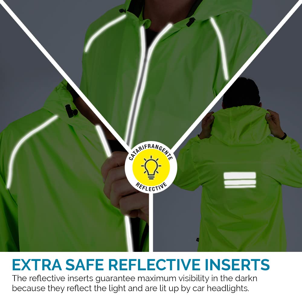 PERLETTI Chubasquero Hombre Cortaviento Ligero con Cremallera - Impermeable Hombre con Capucha Detalles Reflectantes - Chaqueta Trench Deporte Transpirable Waterproof Reutilizable Hombres