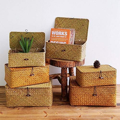 YSGLIFE Set of 3 Storage Box with Lid Seagrass Rattan Woven Rectangular Multipurpose Organizer Baskets for Clothes, Makeup, Books and Shelves(Orange,Small/Medium/Large)