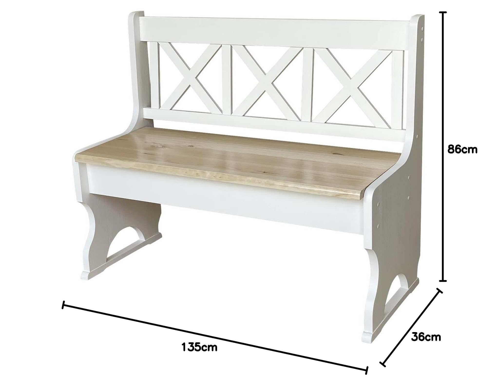 k koma Banco de madera maciza de pino blanco con respaldo, para interior, pasillo y comedor (135 cm)