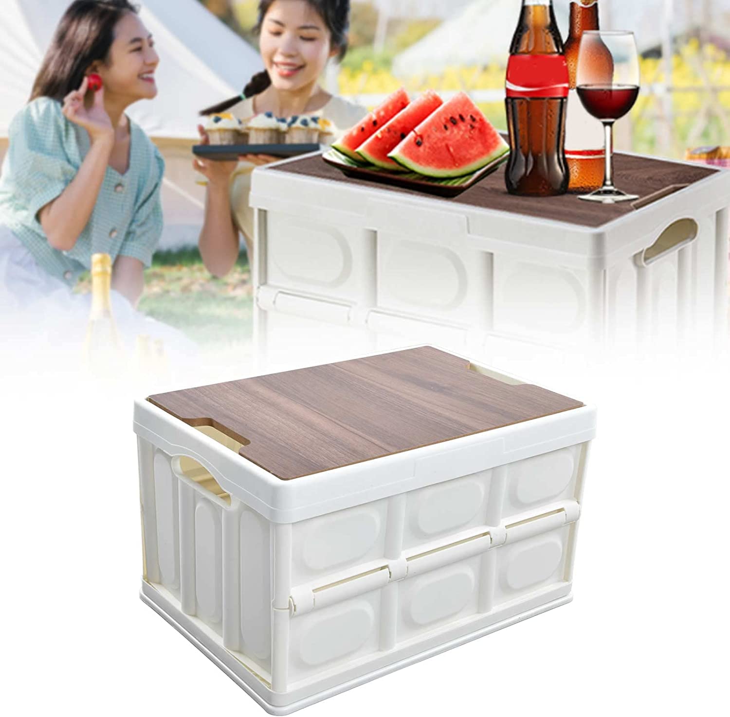 LOOKMINTFolding Storage Bins with Wood Lid, Collapsible Closet Organizers and Storage Container, Multifunction Storage Box ,White,56L,AE-YLY044-56WT-TMM