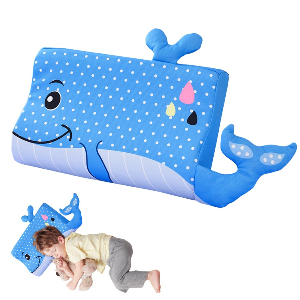 Almohada para Niños, 46 x 26cm Almohada para Bebe con Funda de Almohada, Suave y Transpirable para un Sueño Seguro, Espuma Viscoelástica, para Niños Mayores de 2 Años (Ballena)