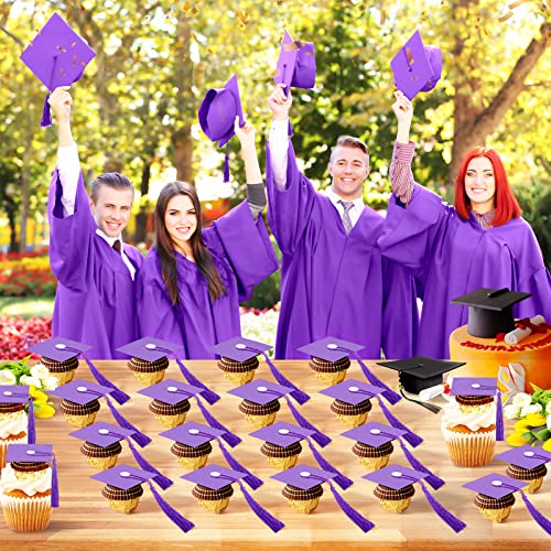 Graduation Decoration 2024 Graduation Cap Cupcake Toppers Chocolate Decorations Mini Graduation Cap Decor with Tassel(150 Pcs, Purple)