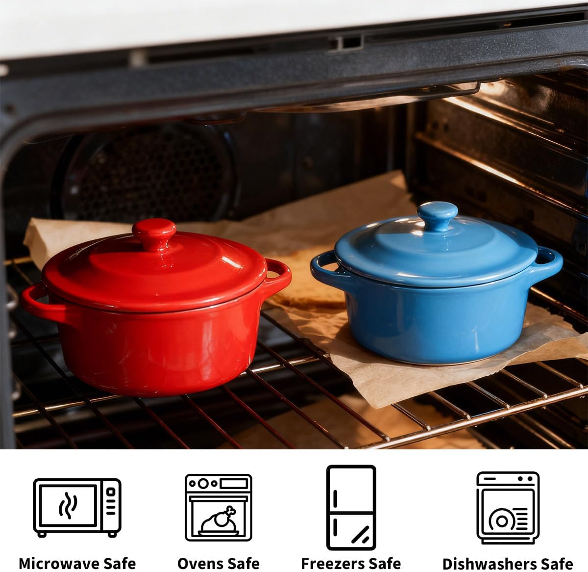 6 Pack Ceramic Ramekins Lids Mini Cocotte 8 OZ Ceramic Oven Safe | Round Small Baking Individual Serving Pot, Lasagna Souffle Soup Bowls, Oven Safe Kitchenware, Handles Round, 6 Colors