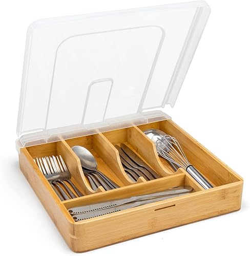 Miniatura 2 de Bamboo Drawer Organizer for Utensils Holder, Silverware Cutlery Tray for Drawer, Wood kitchen drawer storage With Lid for Flatware Cutlery (wood)