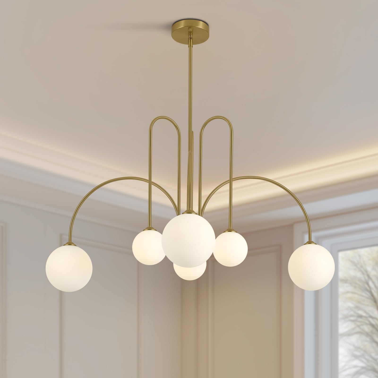 KCO Lighting Lámpara de Techo Sputnik con Esferas de 6 Luces para Salón, Dorada con Esferas de Cristal, Diseño Moderno para Comedor, Dormitorio, Recibidor y Cocina