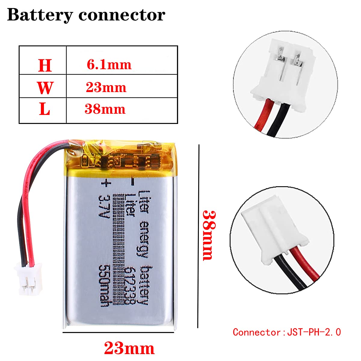 Liter 3.7V 550mAh 612338 Lipo Battery Rechargeable Lithium Polymer ion Battery Pack with JST PH 2.0mm Connector