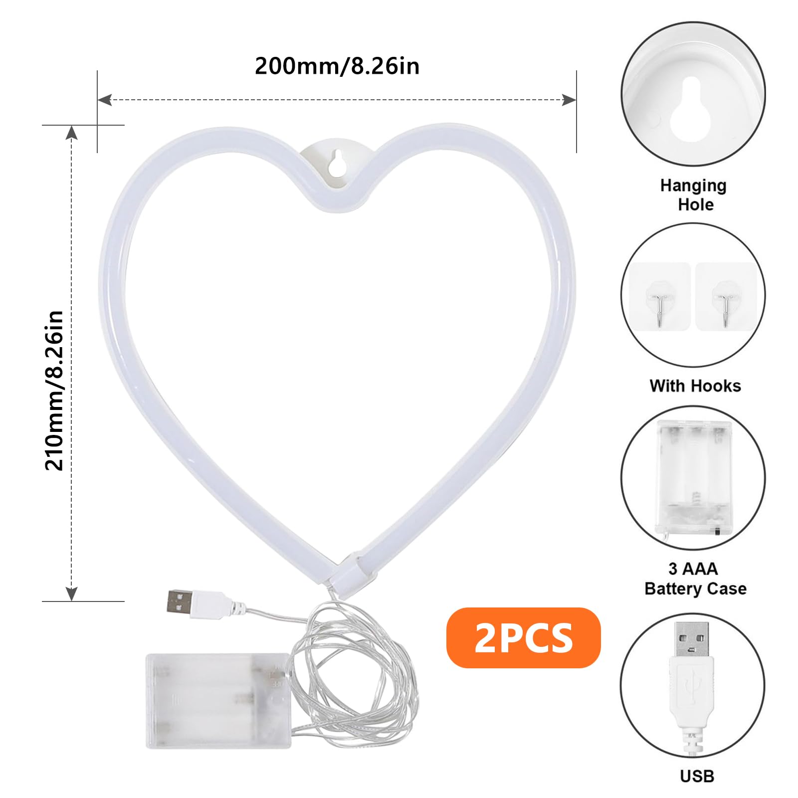 Lot de 2 Lampe Néon LED en Forme de Cœur, 21 x 20 cm Coeur Néon Signes, Coeurs Néons Lampe Signe de Néons LED Rouge, Lampes Coeurs Pour Maison Chambre D'enfants Fête D'anniversaire Bar Décor
